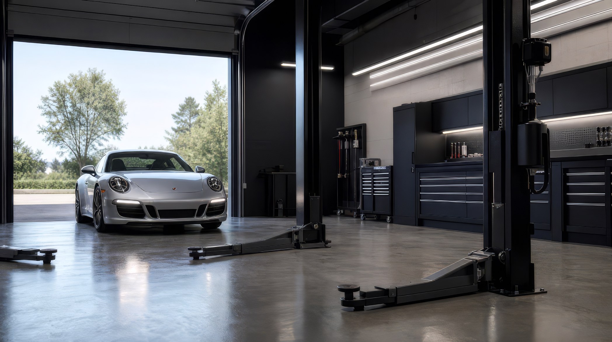 Rendering of a sports car arriving at a unit with a two-post hoist