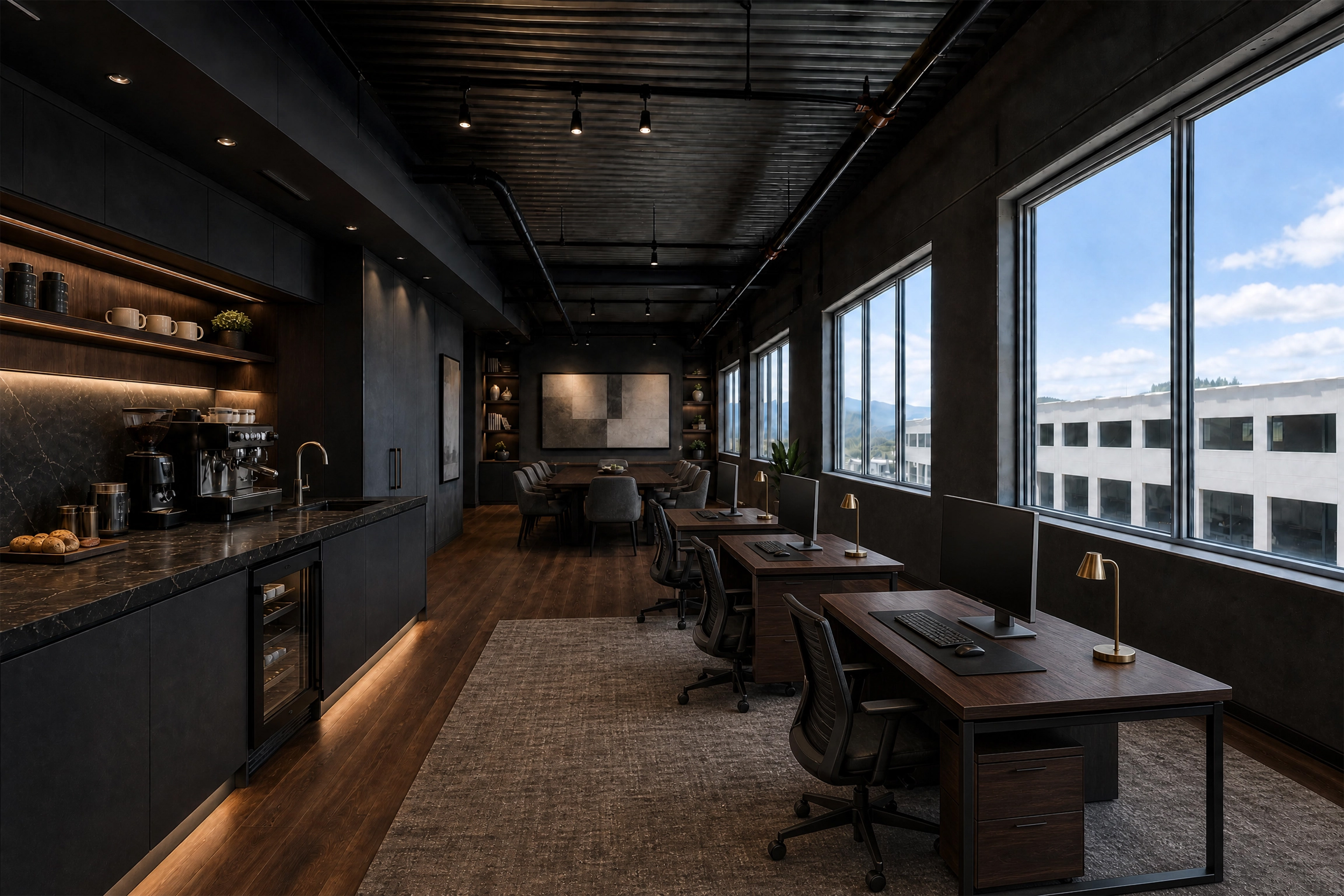 Rendering of an upscale mezzanine office with three desks